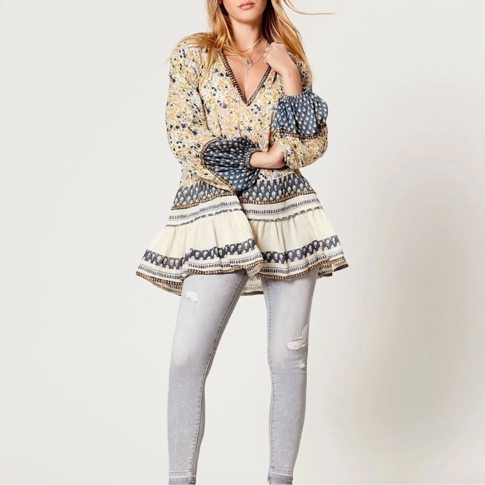 Free People Cream and Blue Boho Peasant Tunic